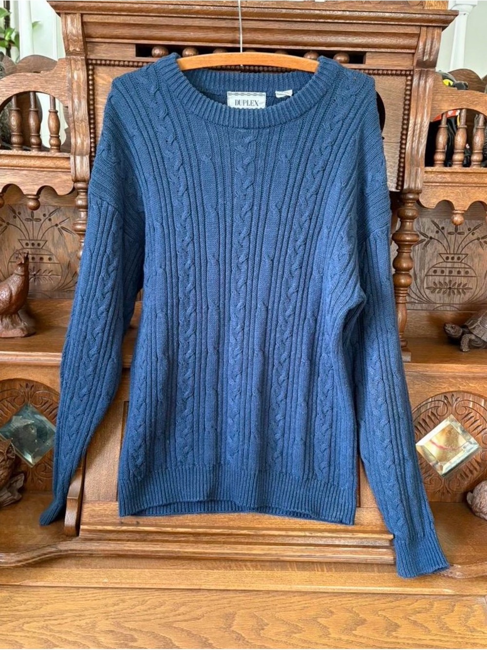 Vintage retro 80s Duplex Designs Cobalt Stone Blue Cable Knit Sweater